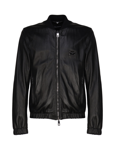 Dolce & Gabbana Leather Jacket With Logo Plaque In Black