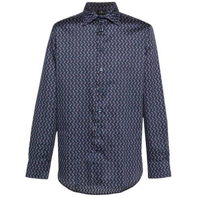 Etro Cotton Shirt Enriched By An All Over Print In Blue