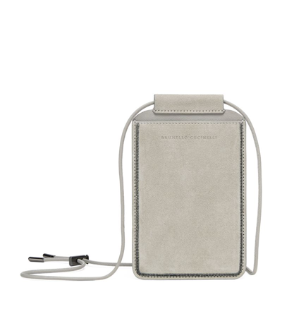 Brunello Cucinelli Suede-leather Monili Phone Pouch In Neutrals