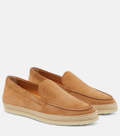 Tod's Jute-trimmed Suede Moccasins In Brown