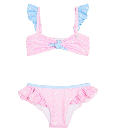 Monnalisa Kids' Lycra Bikini W/ruffles In Pink,light Blue
