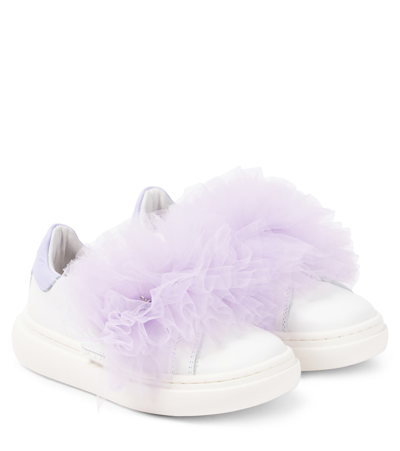 Monnalisa Kids' Tulle-detail Leather Sneakers In White