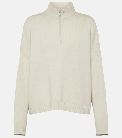 Brunello Cucinelli Wool, Cashmere, And Silk Half-zip Sweater In White