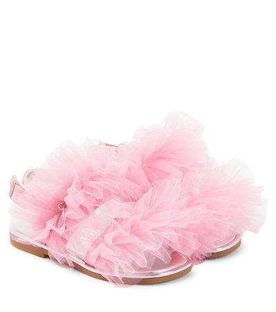 Monnalisa Kids' Appliqué Tulle And Leather Sandals In Pink