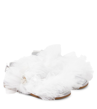 Monnalisa Kids' Appliqué Tulle And Leather Sandals In White