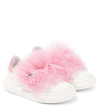 Monnalisa Kids' Appliqué Leather And Tulle Sneakers In White