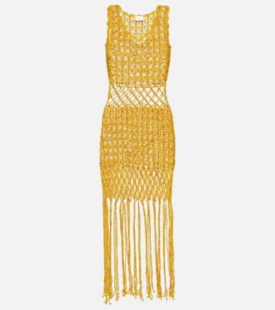 Anna Kosturova Fringed Crochet Midi Dress In Yellow