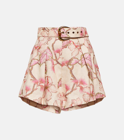 Zimmermann Matchmaker Belted Pleated Floral-print Linen Shorts In Coral Hibiscus