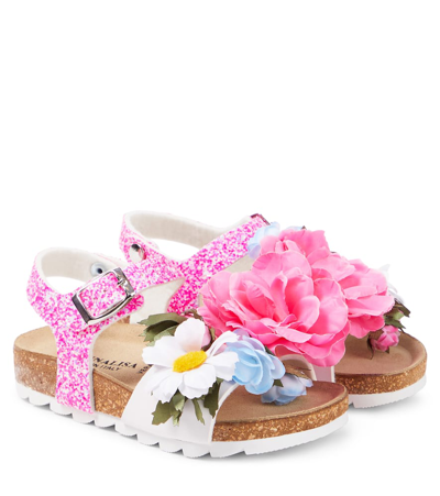 Monnalisa Kids' Floral-appliqué Glitter Sandals In Multicoloured