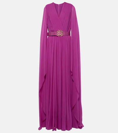 Elie Saab Pleated Silk Chiffon Gown In Purple Crush