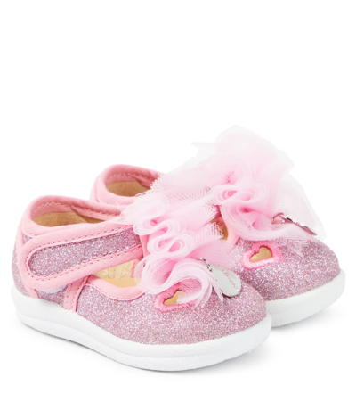 Monnalisa Babies' 荷叶边亮片金葱细节芭蕾平底鞋 In Pink