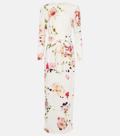 Monique Lhuillier Floral-print Jewel-neck Long-sleeve Belted Gown In Neutrals