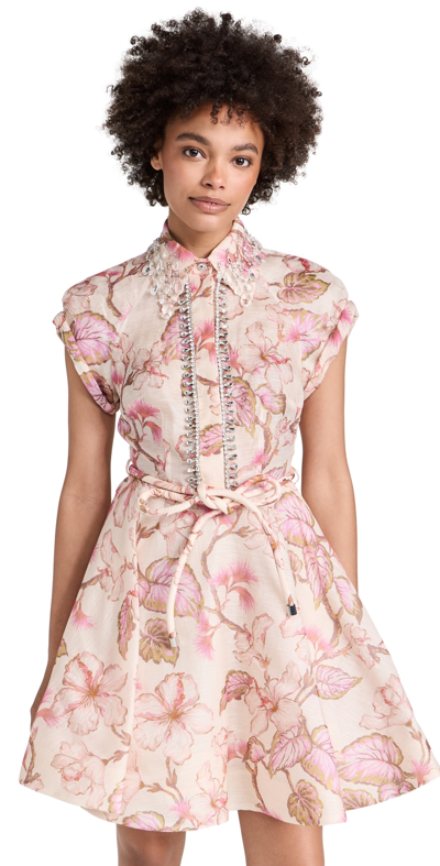 Zimmermann Matchmaker Embellished Floral-print Linen And Silk-blend Mini Dress In Coral Hibiscus