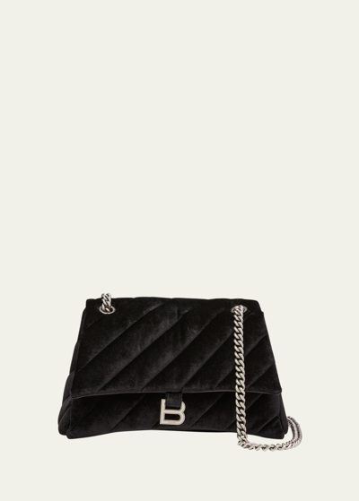 Balenciaga Crush Medium Quilted Velvet Shoulder Bag In Black