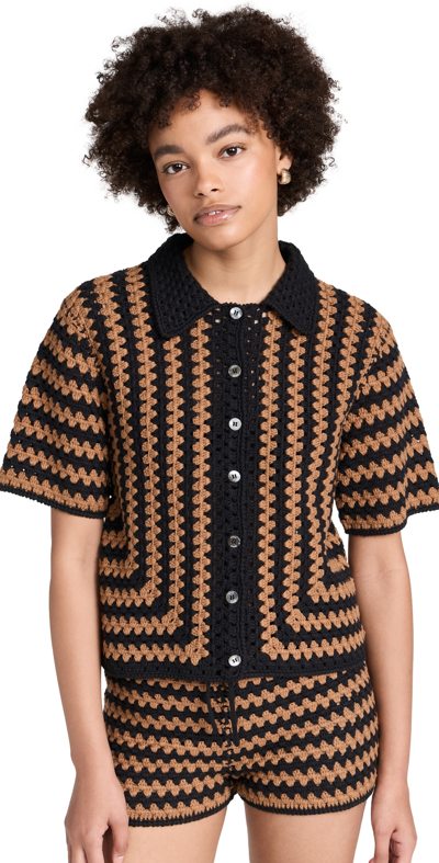 Staud Mabel Knit Cotton Top In Black/tan Seashore Stripe