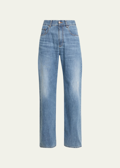 Brunello Cucinelli Bead-embellished High-rise Wide-leg Jeans In Blue