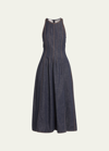 BRUNELLO CUCINELLI GLOSSY DENIM STRUCTURED MIDI DRESS WITH CONTRAST STITCHING