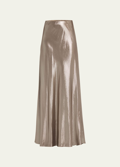 Brunello Cucinelli Lame Silk Gabardine Maxi Skirt In C5199 Gunmetal