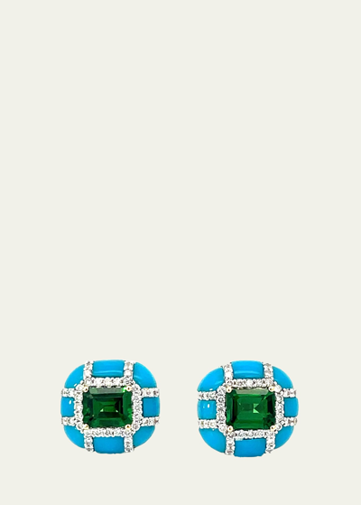 Stéfère 18k Yellow Gold White Diamond, Tsavorite, And Turquoise Earrings