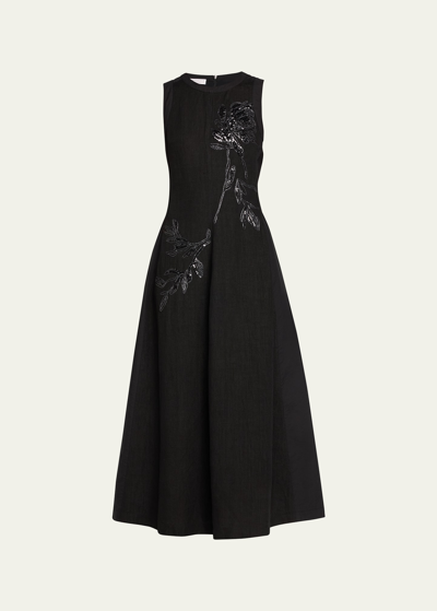 Brunello Cucinelli Crinkle Cotton Structured Dress With Embroidered Magnolia Flower In Black