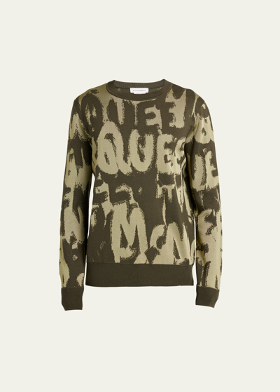 Alexander Mcqueen Crew Neck Wool Blend Sweater With All-over Jacquard Logo In Green