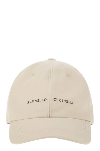 Brunello Cucinelli Cotton Canvas Baseball Cap With Embroidery In Oat