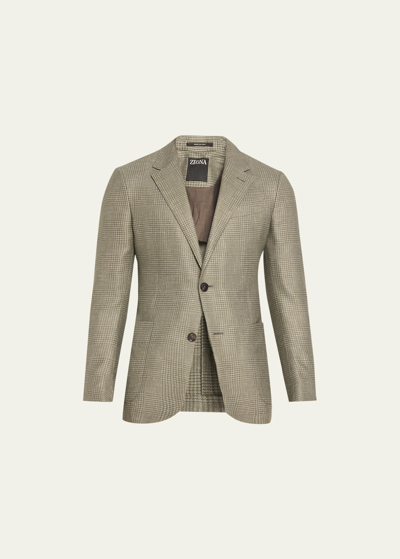 Zegna Men's Fairway Textured Glen Plaid Sport Coat In Medium Beige Solid