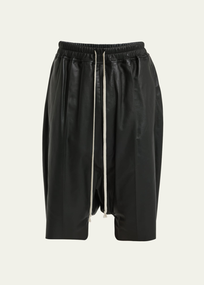 Rick Owens Men's Peached Leather Drawstring Pod Shorts In Black