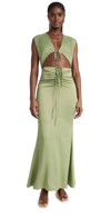 LAPOINTE STRETCH SATIN SHIRRED V NECK MAXI DRESS OLIVE