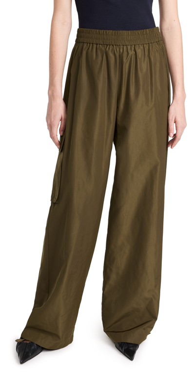 Tibi Italian Sporty Nylon Wide Leg Pull On Trousers Wood L In Green