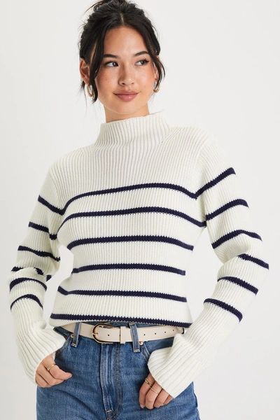 Lulus Confident Poise White Striped Mock Neck Pullover Sweater