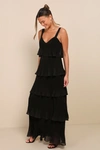 Lulus Elegant Nature Black Pleated Sleeveless Tiered Maxi Dress In Black