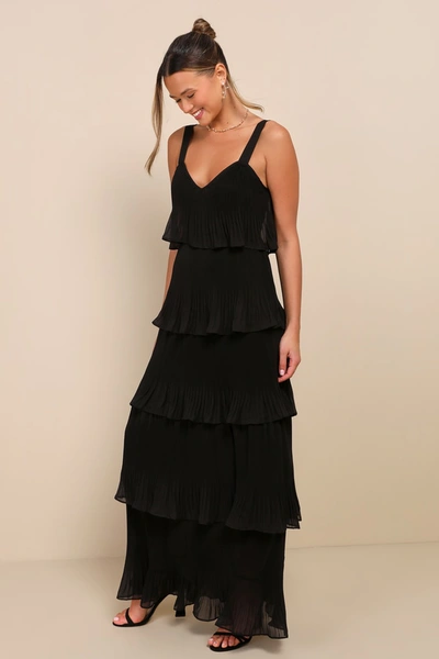 Lulus Elegant Nature Black Pleated Sleeveless Tiered Maxi Dress