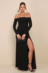 Lulus Alluring Sophistication Black Off-the-shoulder Maxi Dress In Black