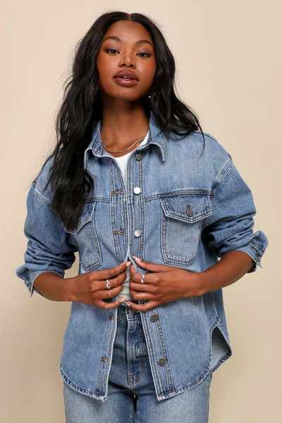 Lulus Chill Outing Medium Wash Denim Button-up Shacket In Blue