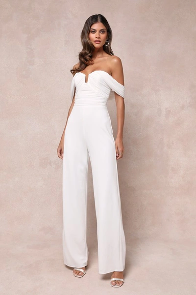 Lulus Gorgeous Fantasy White Mesh Ruched Off-the-shoulder Jumpsuit