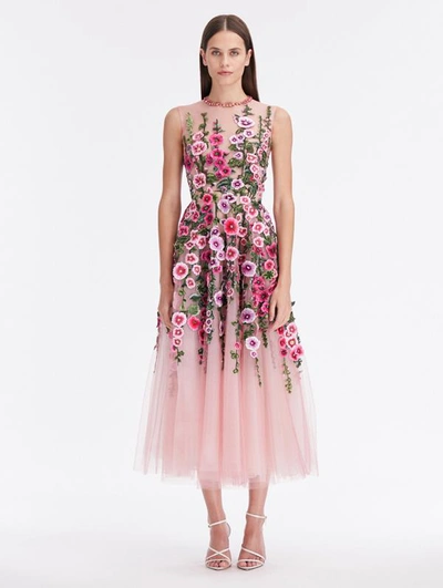 Oscar De La Renta Floral-embroidered Tulle Dress In Dark Rose Multi