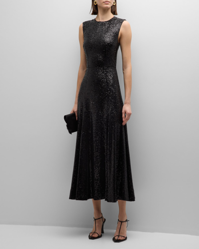 E.stott Olive Sleeveless Sequin A-line Midi Dress In Black