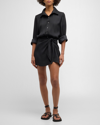 Anemos The L.a. Button-down Wrap Mini Dress In Matte Crepe In Black