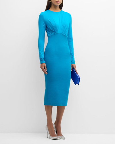 Sergio Hudson Ruched Empire-waist Long-sleeve Midi Dress In Blue