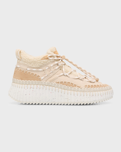Chloé Nama Suede Shearling Sneaker Booties In Pearl Beige