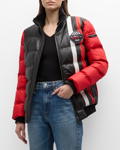 Gorski Lamb Shearling-collar Zip Down-filled Leather Jacket In Blackred