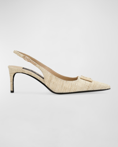 Dolce & Gabbana Raffia Dg Medallion Slingback Pumps In Light Sand