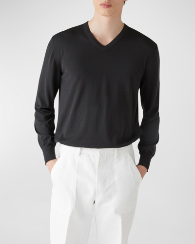 Loro Piana Men's Scollo Cashmere V-neck Sweater In Caviar