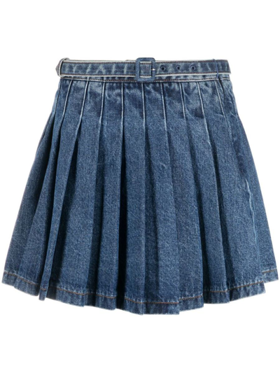 Self-portrait Belted Pleated Denim Mini Skirt In Blue