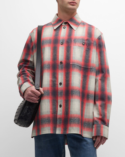 BOTTEGA VENETA MEN'S WESTERN CHECK-PRINT LEATHER SHIRT