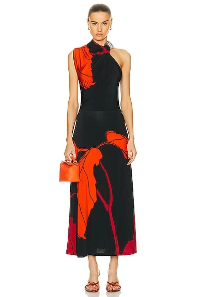 Johanna Ortiz Guardiana Del Poder Floral Midi Dress With Leather Brooch In Florals Black & Red