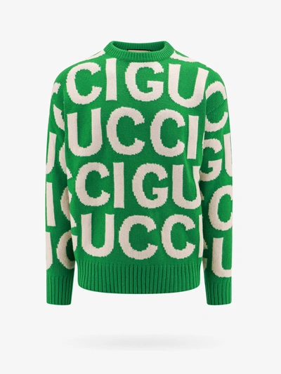 Gucci Wool Sweater With Intarsia In Green,ivory