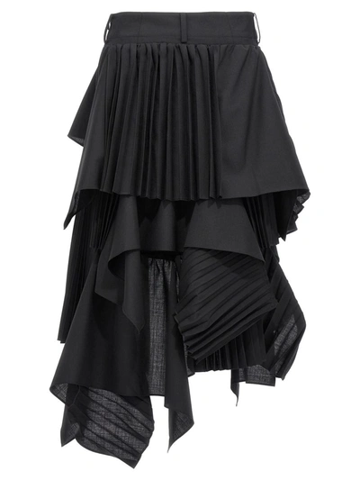Sacai Asymmetrical Pleated Detailed Midi Skirt In Black