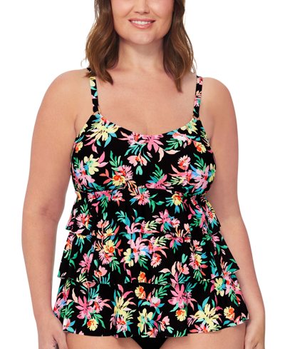 Island Escape Plus Size Floral-print Tiered Tankini Top, Created For Macy's In Black Multi